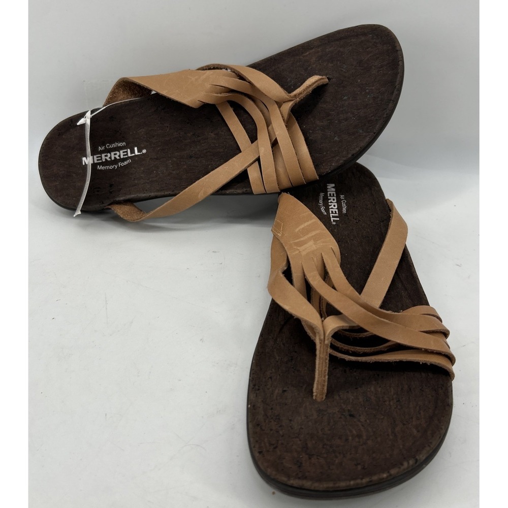 Merrell Natural‎ Tan Leather Strappy Thong Sandals Memory Foam Women's 10 NWT